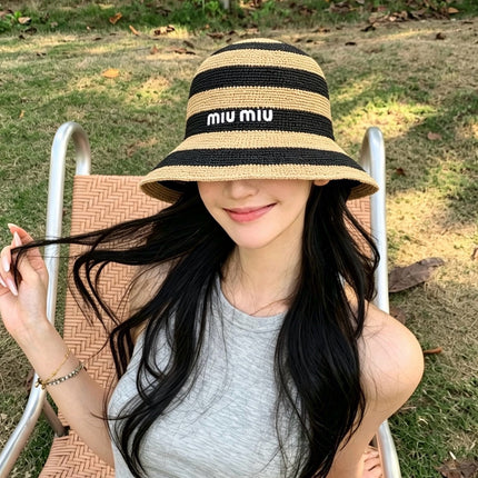 MIUMIU 26S STRIPED RAFFIA BUCKET HAT 342097