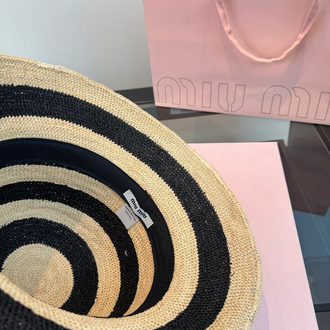 MIUMIU 26S STRIPED RAFFIA BUCKET HAT 342097