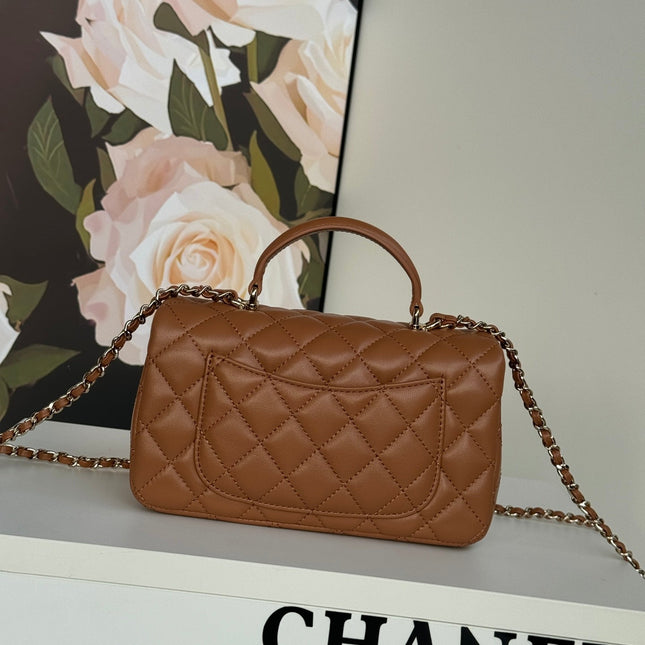 FLAP BAG 20 IN BRONZE BROWN LAMBSKIN WITH HANDLE