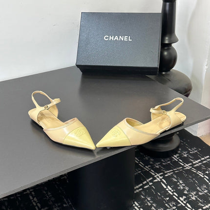 CHANEL 26S FLAT POINTED-TOE SLINGBACKS IN BEIGE AND PASTEL YELLOW LAMBSKIN