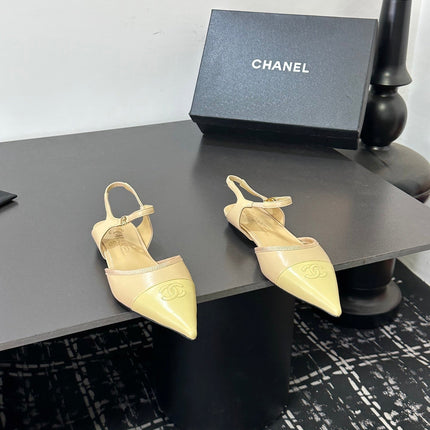 CHANEL 26S FLAT POINTED-TOE SLINGBACKS IN BEIGE AND PASTEL YELLOW LAMBSKIN
