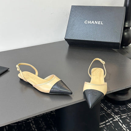 CHANEL 26S POINTED-TOE SLINGBACKS IN BEIGE AND BLACK LAMBSKIN