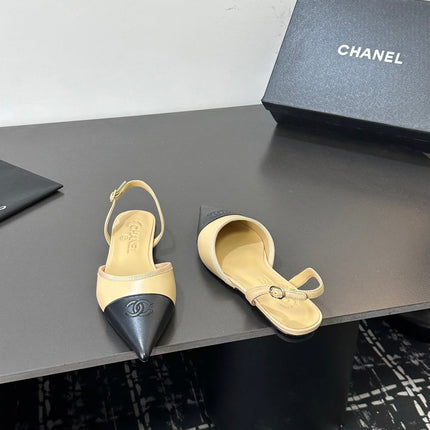 CHANEL 26S POINTED-TOE SLINGBACKS IN BEIGE AND BLACK LAMBSKIN
