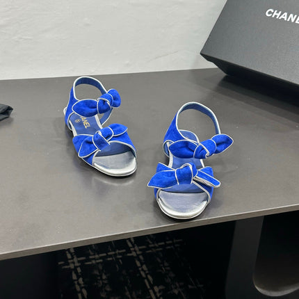 CHANEL 26S BOW SANDALS IN BLUE AND SILVER SUEDE