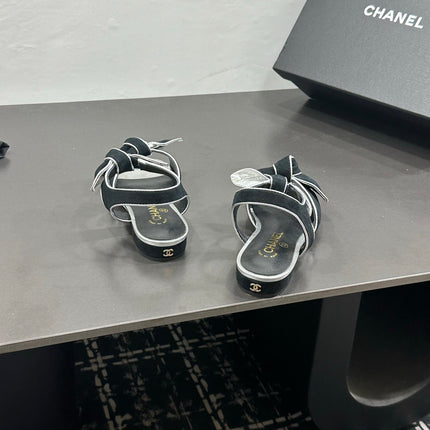 CHANEL 26S BOW SANDALS IN BLACK AND SILVER SUEDE