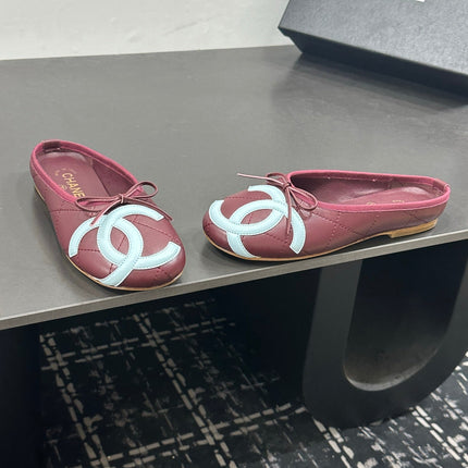 CHANEL 26S BALLET FLATS IN DARK RED CALFSKIN WITH WHITE CC LOGO