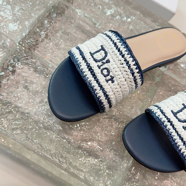DIOR 26S WOVEN-STRAP SANDALS IN WHITE AND NAVY BLUE CALFSKIN