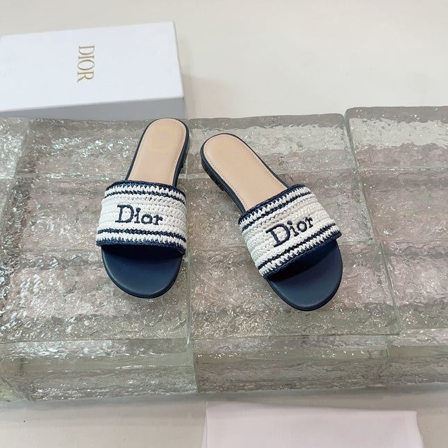 DIOR 26S WOVEN-STRAP SANDALS IN WHITE AND NAVY BLUE CALFSKIN