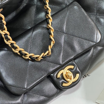 MAXI SHOPPING BAG 36 IN BLACK LAMBSKIN GOLD METALLIC