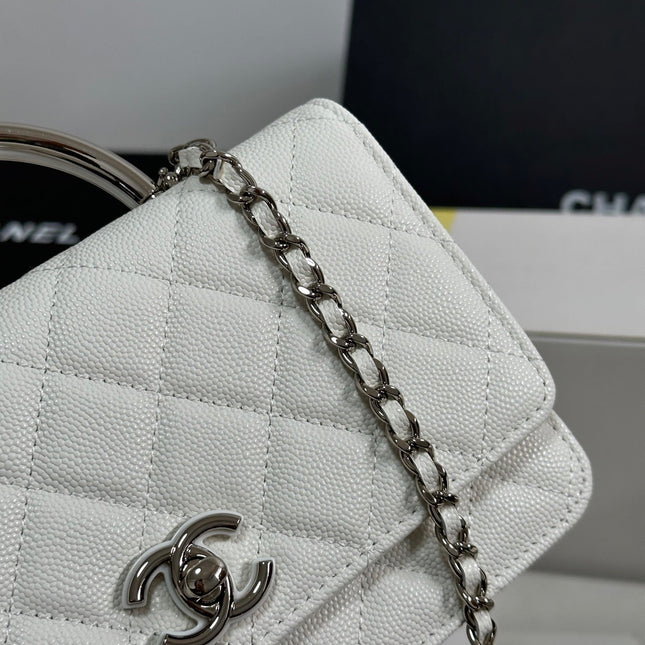 FLAP BAG WITH SILVER-TONE HANDLE 19 IN WHITE CAVIAR SKIN