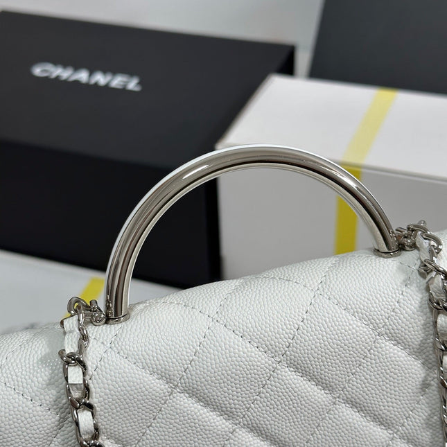 FLAP BAG WITH SILVER-TONE HANDLE 19 IN WHITE CAVIAR SKIN
