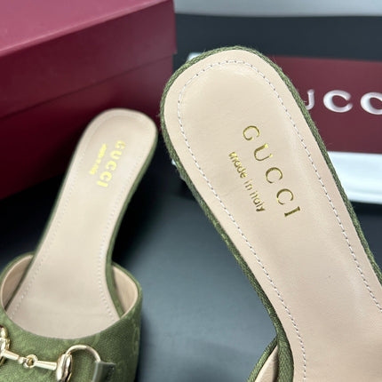 GUCCI 26S HIGH-HEELED SANDALS 50 MM IN MOSS GREEN CANVAS