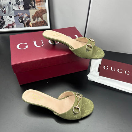 GUCCI 26S HIGH-HEELED SANDALS 50 MM IN MOSS GREEN CANVAS