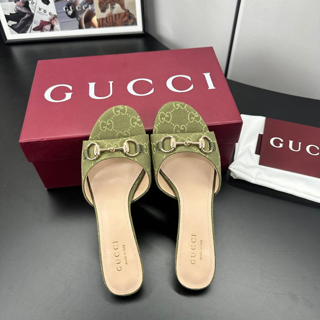 GUCCI 26S HIGH-HEELED SANDALS 50 MM IN MOSS GREEN CANVAS