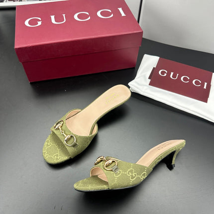 GUCCI 26S HIGH-HEELED SANDALS 50 MM IN MOSS GREEN CANVAS