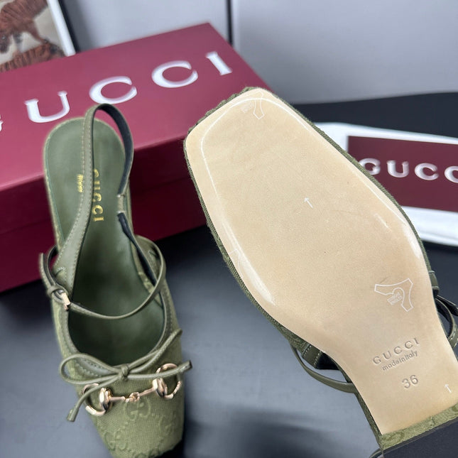 GUCCI 26S SLINGBACK 25 MM IN MOSS GREEN CANVAS