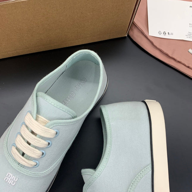 MIUMIU 26S LACE UP SNEAKERS IN PALE MINT CANVAS RUBBER SOLE