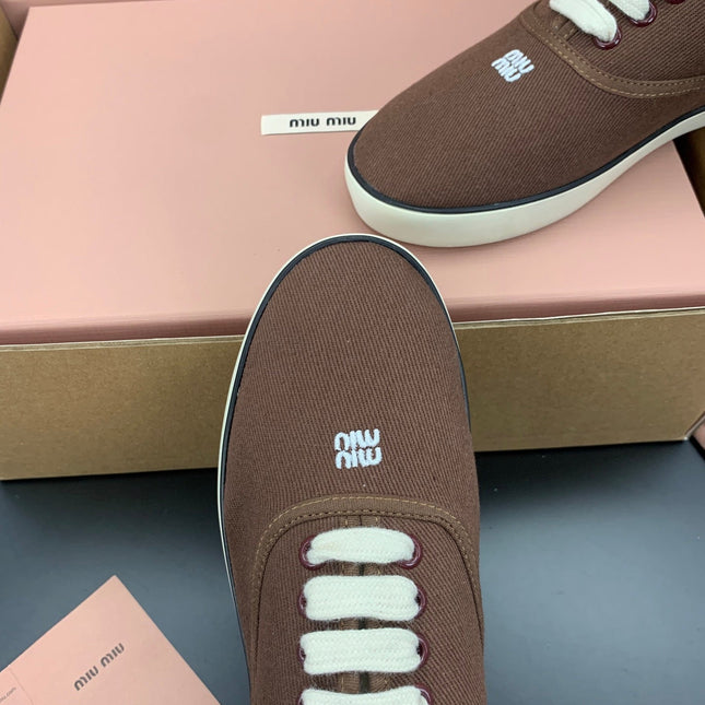 MIUMIU 26S LACE UP SNEAKERS IN DARK BROWN CANVAS RUBBER SOLE