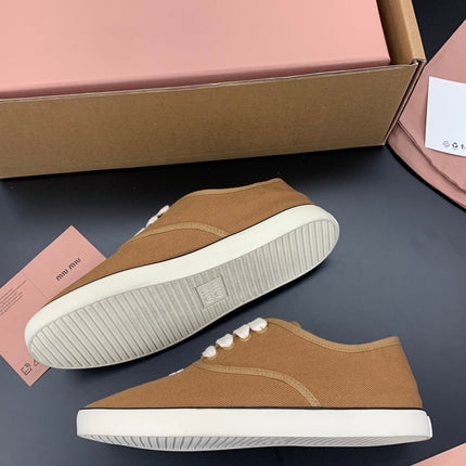 MIUMIU 26S LACE UP SNEAKERS IN CARAMEL BROWN CANVAS RUBBER SOLE