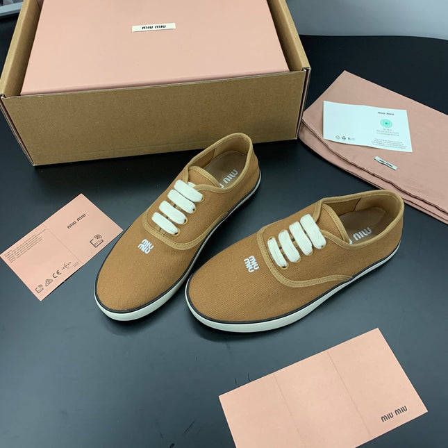 MIUMIU 26S LACE UP SNEAKERS IN CARAMEL BROWN CANVAS RUBBER SOLE
