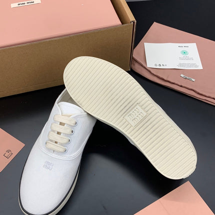 MIUMIU 26S LACE UP SNEAKERS IN WHITE CANVAS RUBBER SOLE