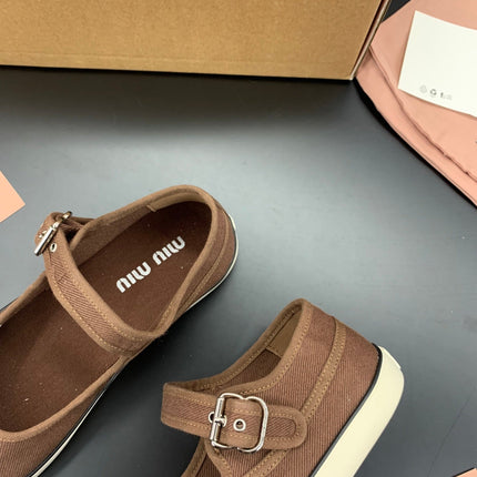 MIUMIU 26S MARY JANE FLATS IN DARK BROWN CANVAS LOGO