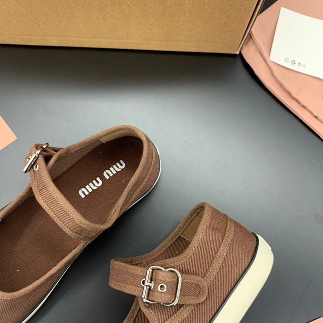MIUMIU 26S MARY JANE FLATS IN DARK BROWN CANVAS LOGO