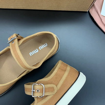 MIUMIU 26S MARY JANE FLATS IN CARAMEL BROWN CANVAS LOGO