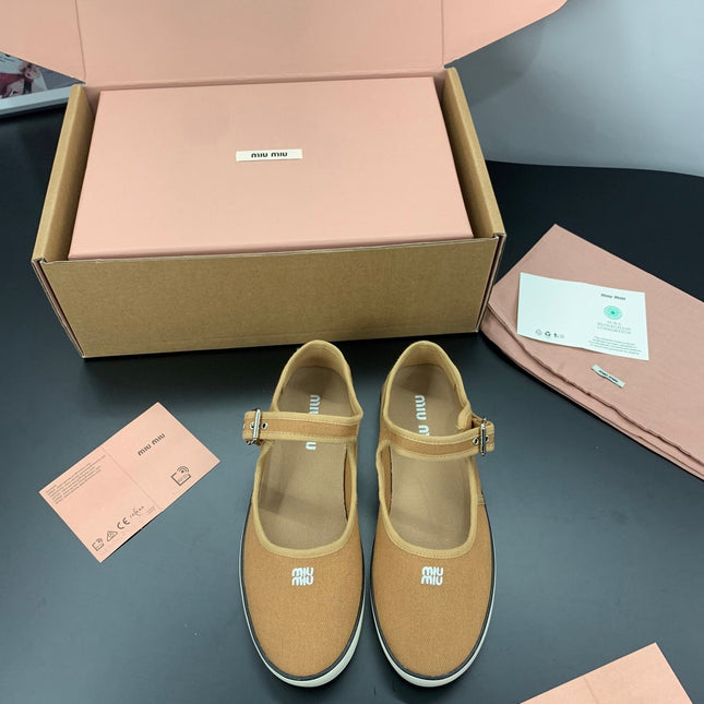 MIUMIU 26S MARY JANE FLATS IN CARAMEL BROWN CANVAS LOGO