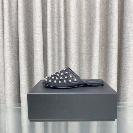RHODES STUDDED FLAT MULE IN BLACK MESH UPPER