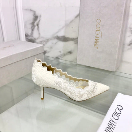 JIMMY CHOO 26S SCALLOPED LACE PUMP 65 MM IN WHITE FABRIC