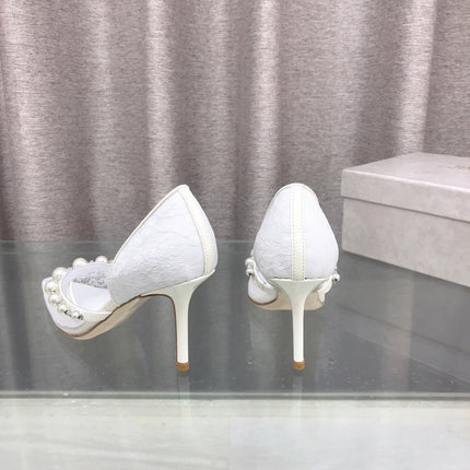 JIMMY CHOO 26S HIGH HEELS 85 MM IN WHITE LACE PEARL-EMBELLISHED