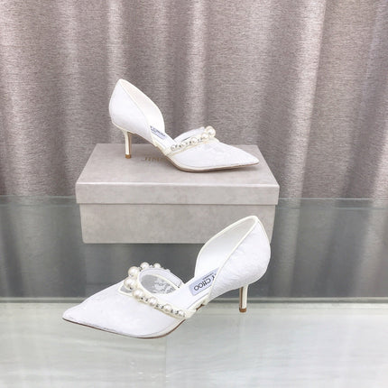 JIMMY CHOO 26S HIGH HEELS 65 MM IN WHITE LACE PEARL-EMBELLISHED
