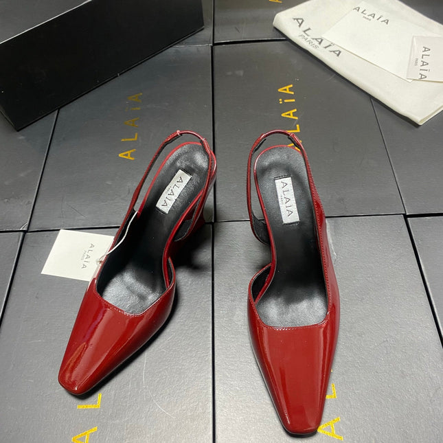 ALAIA 26S WEDGE SLINGBACKS 95 MM IN DARK RED PATENT CALFSKIN