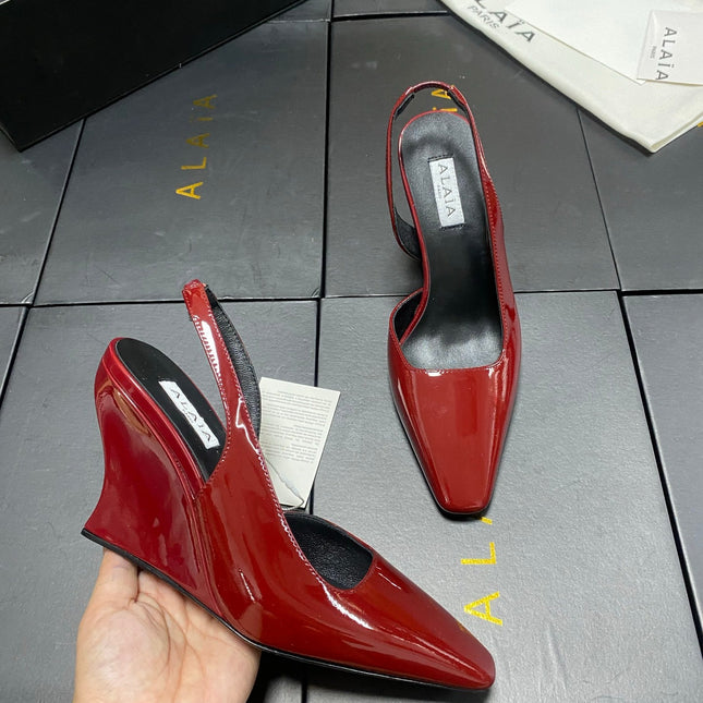 ALAIA 26S WEDGE SLINGBACKS 95 MM IN DARK RED PATENT CALFSKIN