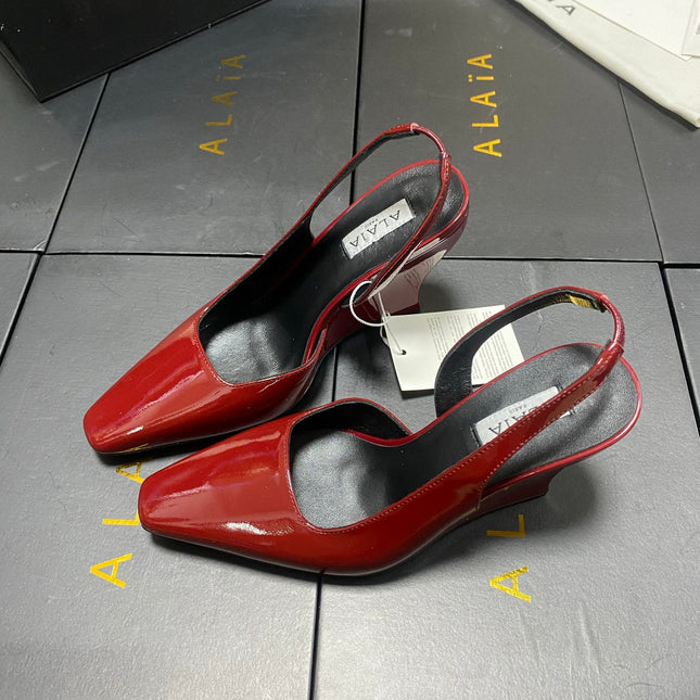 ALAIA 26S WEDGE SLINGBACKS 95 MM IN DARK RED PATENT CALFSKIN