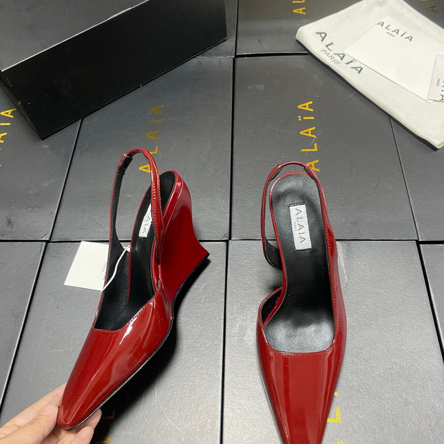 ALAIA 26S WEDGE SLINGBACKS 95 MM IN DARK RED PATENT CALFSKIN