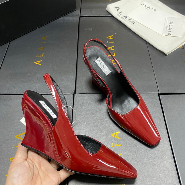 ALAIA 26S WEDGE SLINGBACKS 95 MM IN DARK RED PATENT CALFSKIN