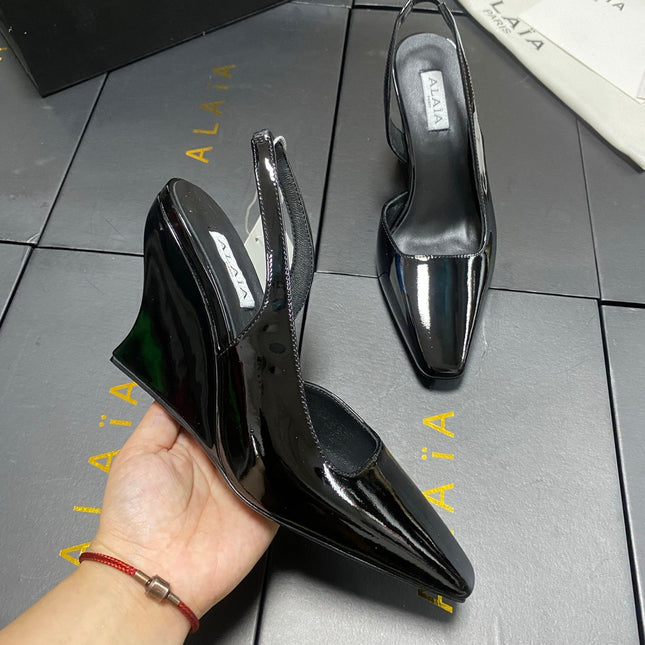 ALAIA 26S WEDGE SLINGBACKS 95 MM IN BLACK PATENT CALFSKIN