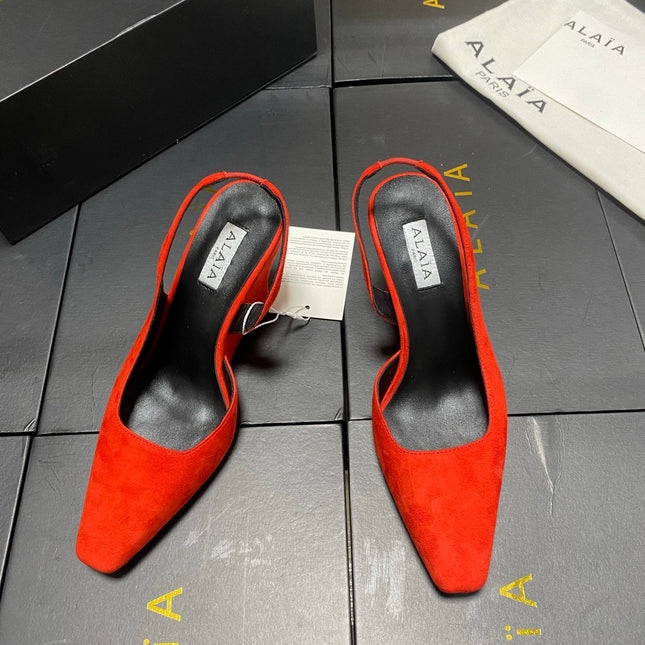 ALAIA 26S WEDGE SLINGBACKS 95 MM IN ORANGE RED SUEDE