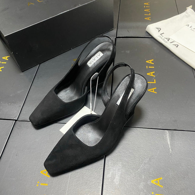 ALAIA 26S WEDGE SLINGBACKS 95 MM IN BLACK SUEDE
