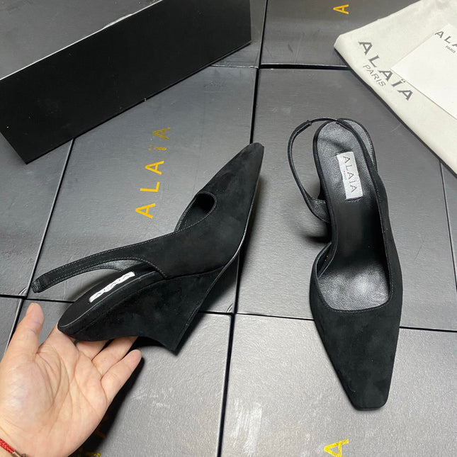 ALAIA 26S WEDGE SLINGBACKS 95 MM IN BLACK SUEDE