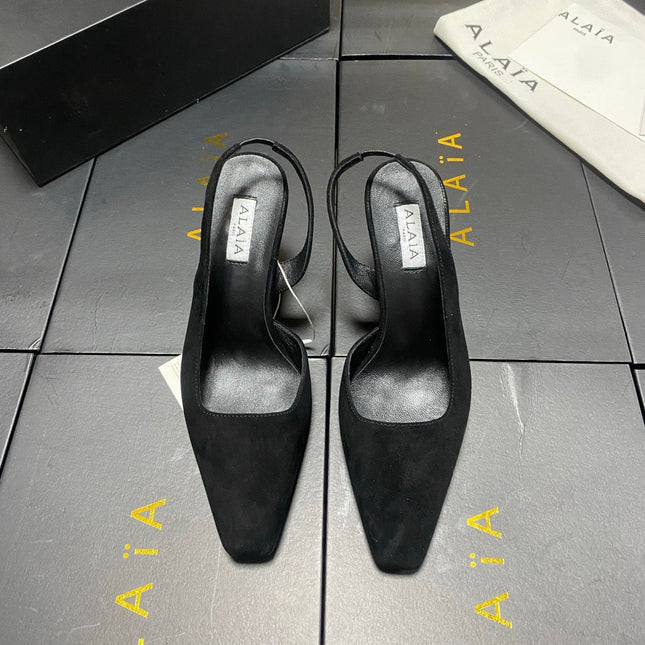 ALAIA 26S WEDGE SLINGBACKS 95 MM IN BLACK SUEDE