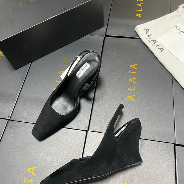ALAIA 26S WEDGE SLINGBACKS 95 MM IN BLACK SUEDE