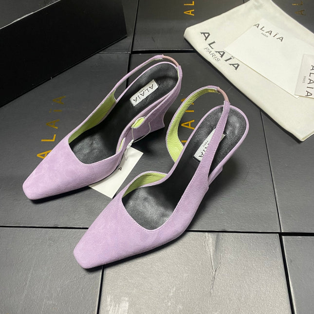 ALAIA 26S WEDGE SLINGBACKS 95 MM IN PASTEL PURPLE SUEDE