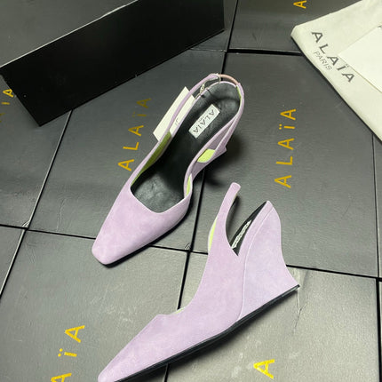 ALAIA 26S WEDGE SLINGBACKS 95 MM IN PASTEL PURPLE SUEDE