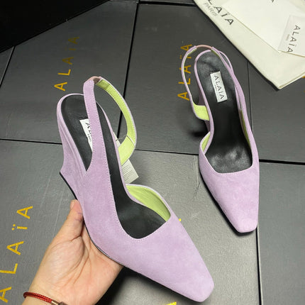 ALAIA 26S WEDGE SLINGBACKS 95 MM IN PASTEL PURPLE SUEDE