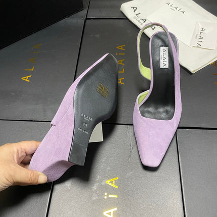ALAIA 26S WEDGE SLINGBACKS 95 MM IN PASTEL PURPLE SUEDE