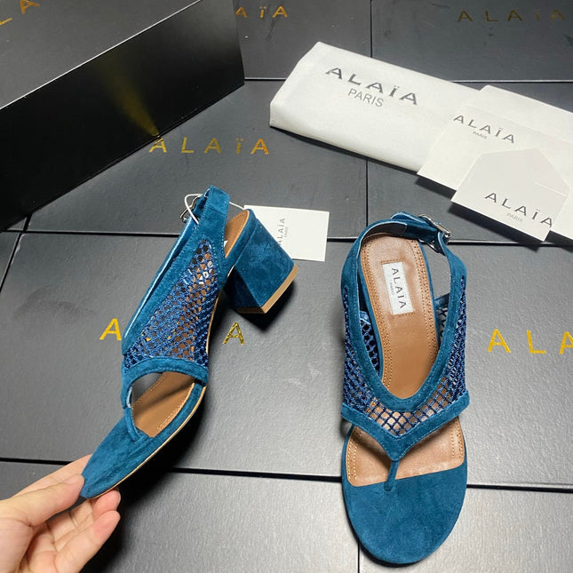 ALAIA 26S MESH THONG HEELS 55 MM IN PETROL BLUE SUEDE