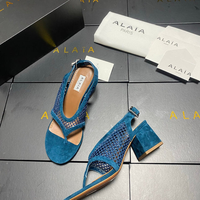 ALAIA 26S MESH THONG HEELS 55 MM IN PETROL BLUE SUEDE